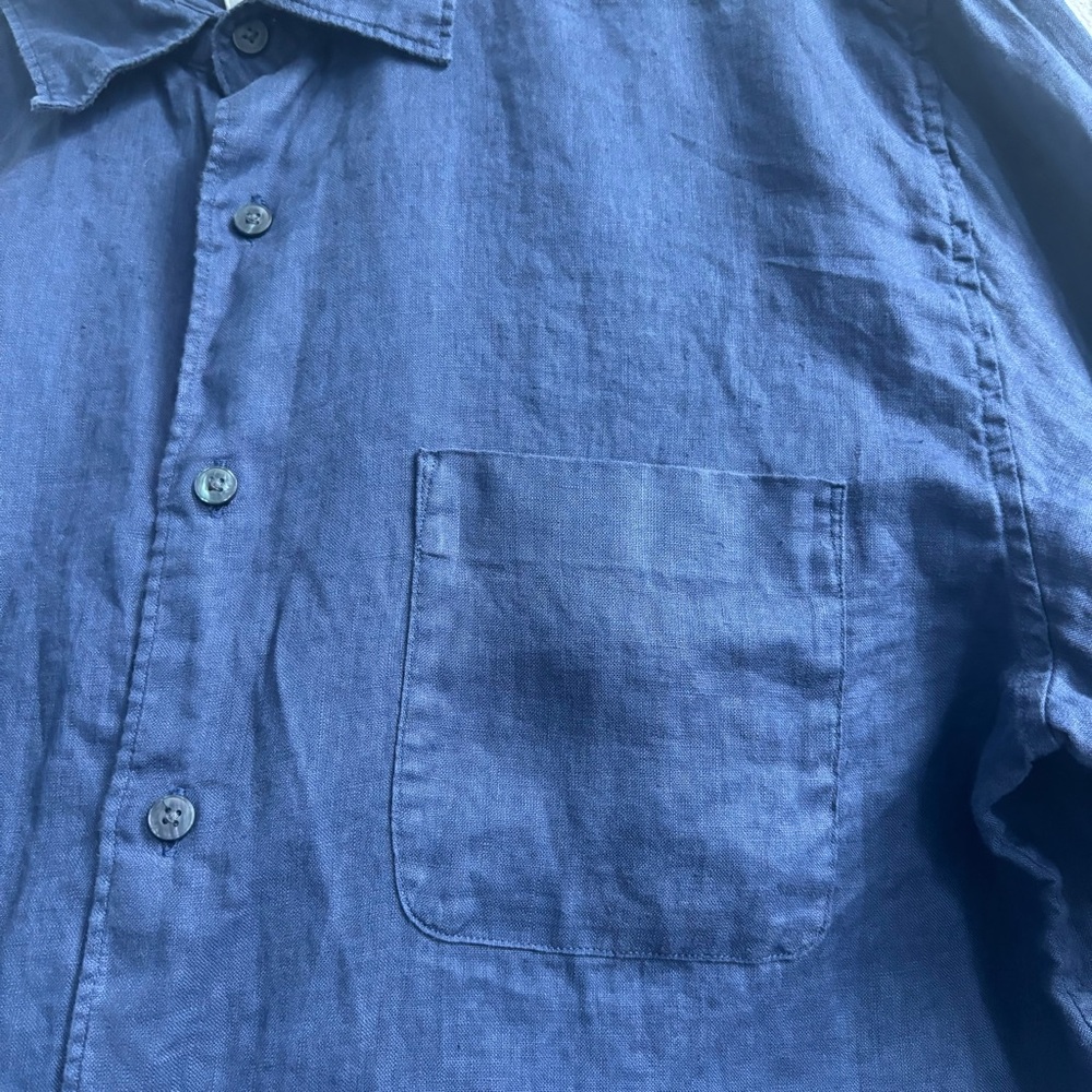 Uniqlo Navy Blue Long Sleeve 100% Linen Casual Button Down Shirt Front Pocket - Picture 5 of 8